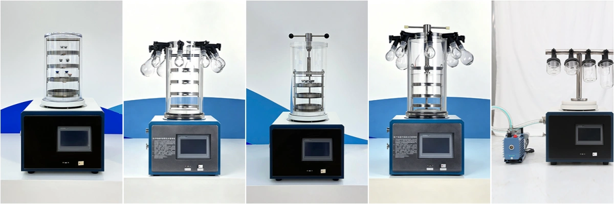 Comparison of 5 laboratory freeze dryer types including standard, manifold, stopper, and T-frame configurations